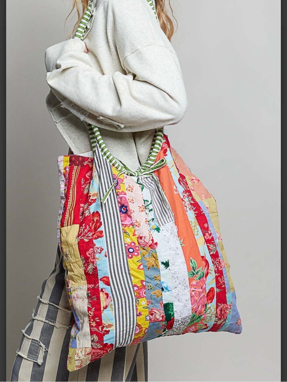 HMQD5 POLPatchwork Stripe Tote Bag in Multicolor - Lightweight Everyday Shoulder